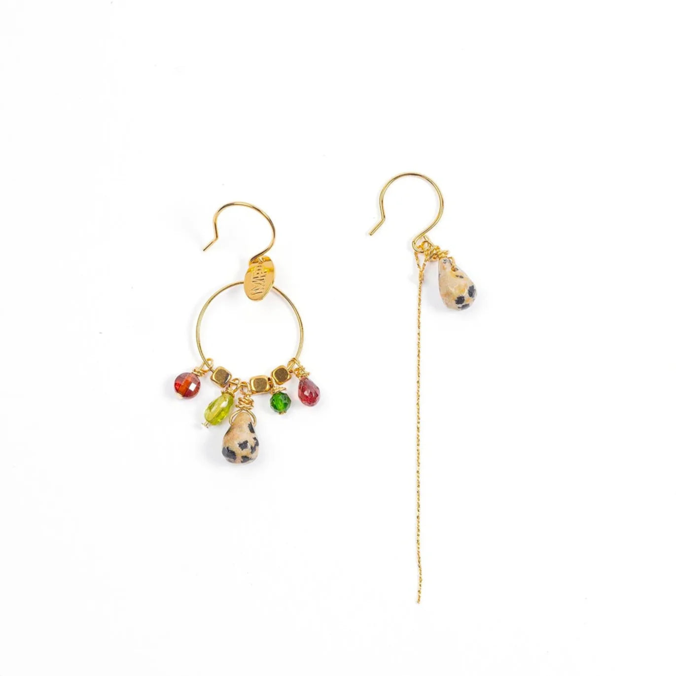 Boucles d'oreilles asymétriques pierre mixte créole & chaine fine - Murielle Perrotti