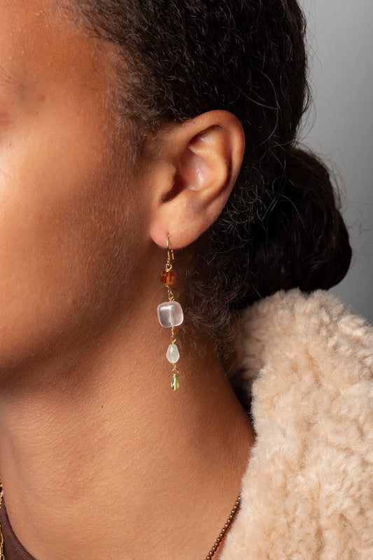 Boucles d'oreilles asymétriques grenat, quartz, serpentine, rhodolite - Murielle Perrotti